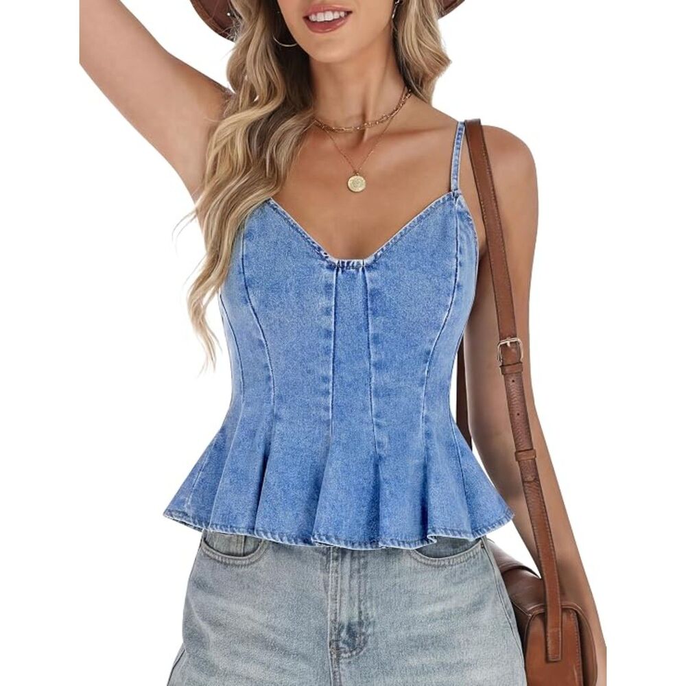 V-Neck Crop Denim Halter Top, Medium, 15D-203T004